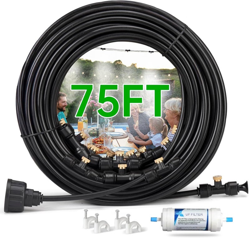 Funpynani 75FT Outdoor Misting Cooling System‌ - Patio Garden Kit with ‌Brass Nozzles & UV Tubing‌, DIY Install for ‌Pool, BBQ, Greenhouse‌, Water-Saving High Pressure Cooler - Image 1